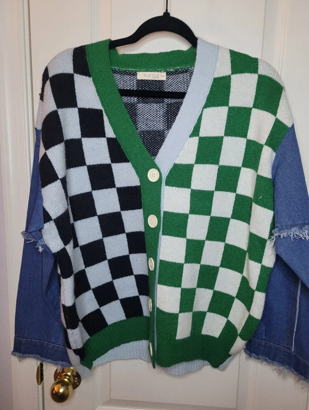 ILLA ILLA Checkerboard Button-Front Cardigan With Denim Sleeves Sz S/M NWOT